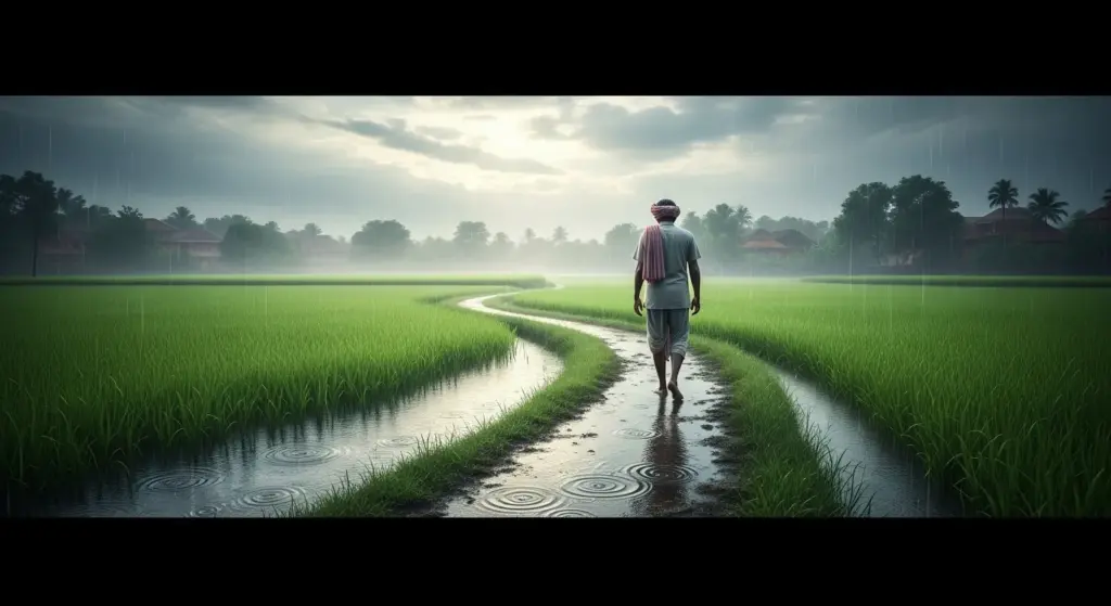 A person walking through Indian village fields in rain capturing the beauty of monsoon.