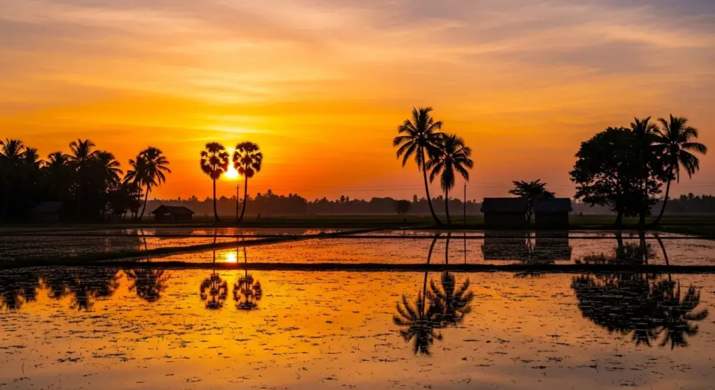 A warm sunset over Indian fields with trees and village huts in silhouette