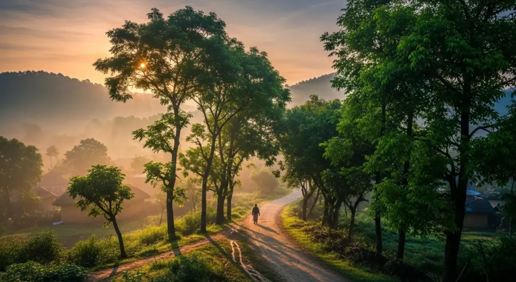 An individual walking along a misty rural path at dawn in an Indian village, hills in background.