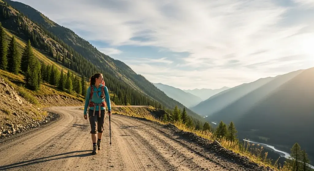 Backpacker walking on a mountain road with small rucksack