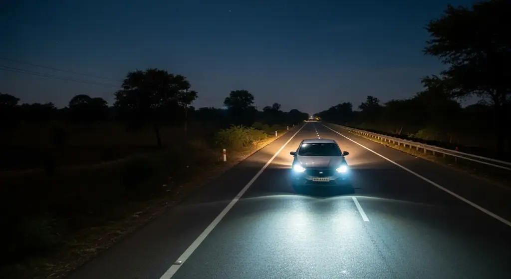 Car driving on Indian highway at night, headlights glowing, calm atmosphere.