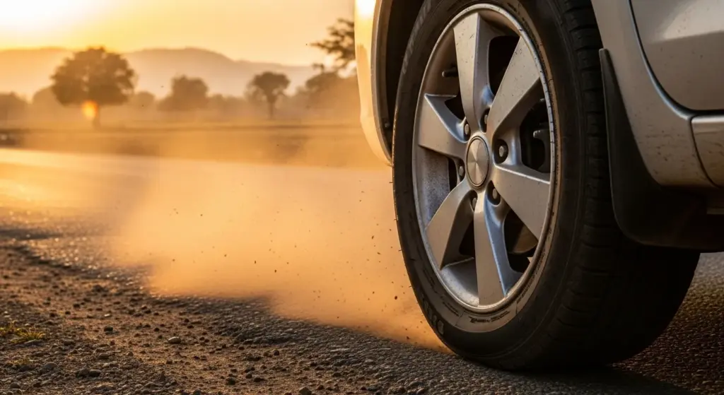 Car wheel driving on dusty Indian highway countryside background
