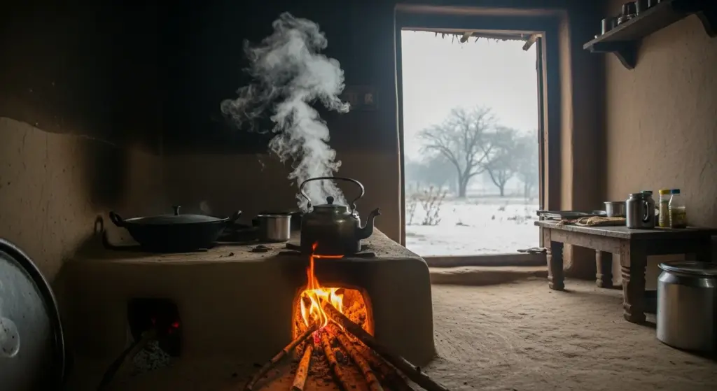 Clay stove in Indian village kitchen with steaming kettle and cozy morning vibes
