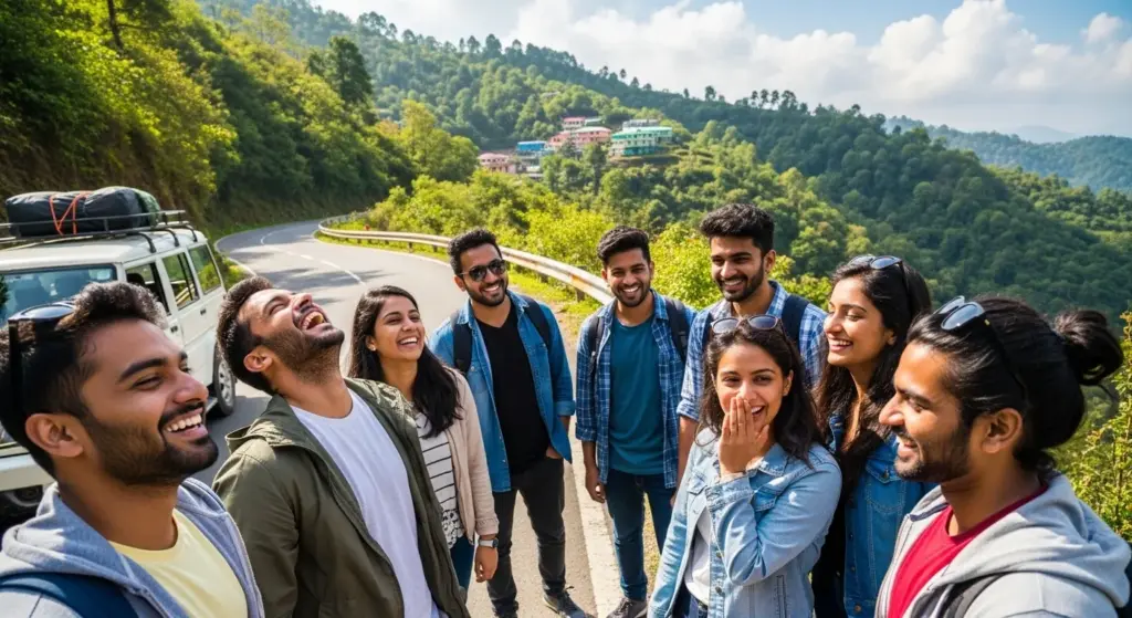 College friends enjoying a fun mini road trip in Indian hills