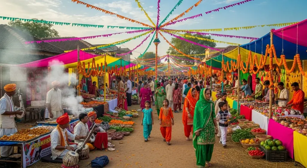 Colorful Indian village fair with traditional stalls and people celebrating together