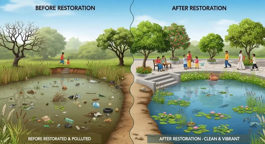 Comparison chart showing before and after effects of pond restoration in Indian village