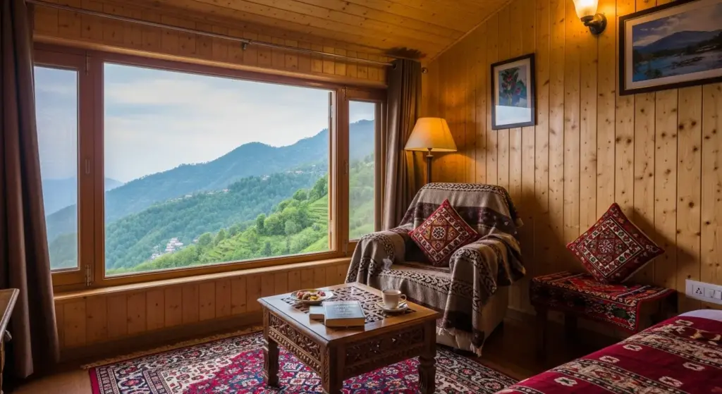Cozy Indian mountain homestay with wooden decor and a view of green hills