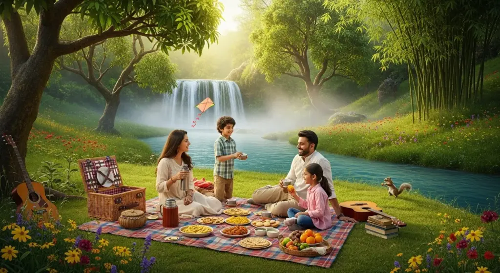 Family enjoying picnic at hidden nature spot near Uttarakhand district.