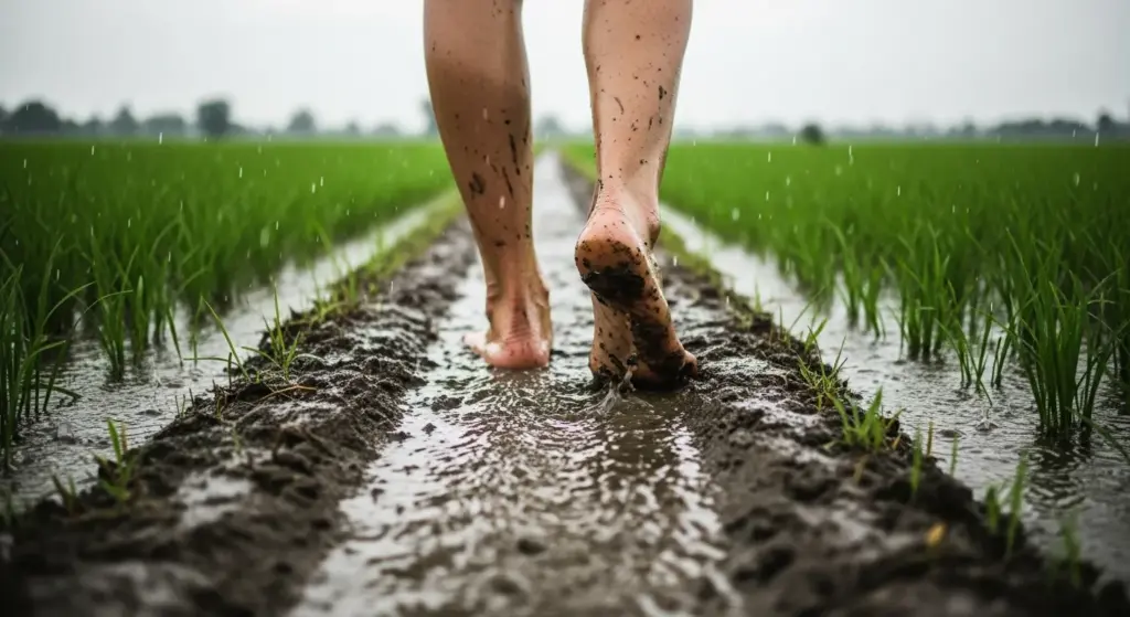 Feet walking barefoot on wet soil in Indian village fields during rain