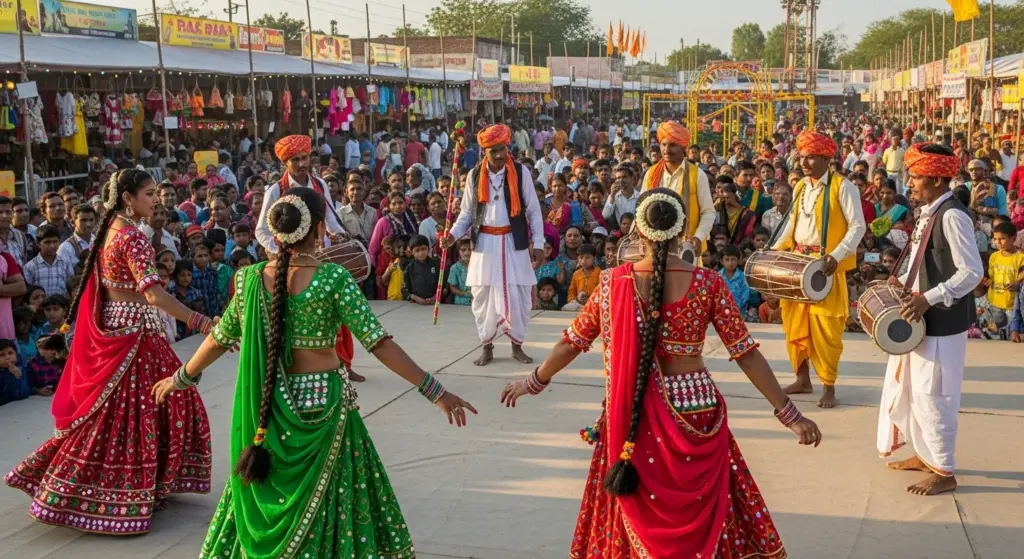 Folk dancers performing in colorful costumes at Indian village fair