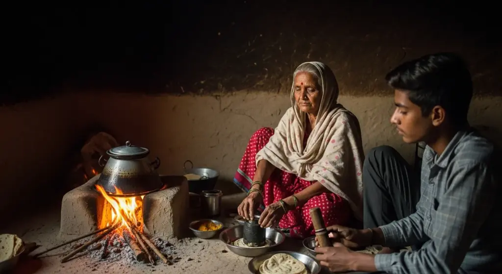 Grandmother cooking on mud stove in Indian village home while grandson sits beside her listening quietly