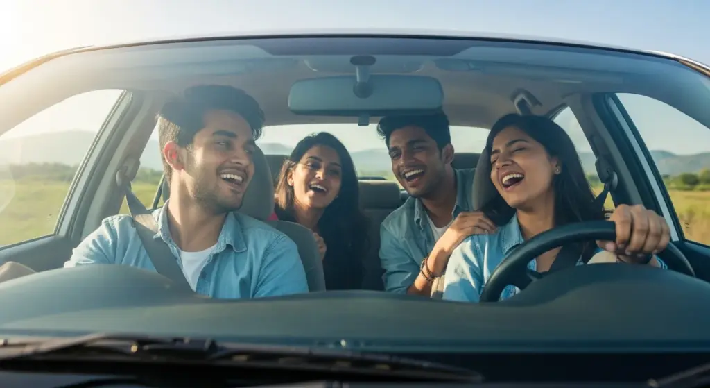 Group of Indian college students singing and laughing during car ride