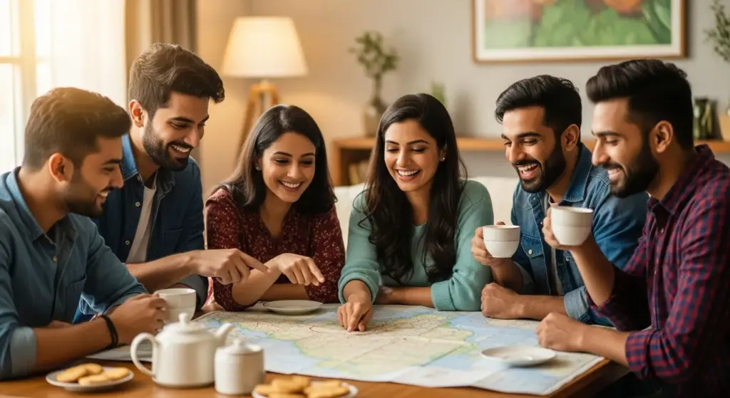 Group of Indian friends planning a short weekend road trip with map, tea, and laughter