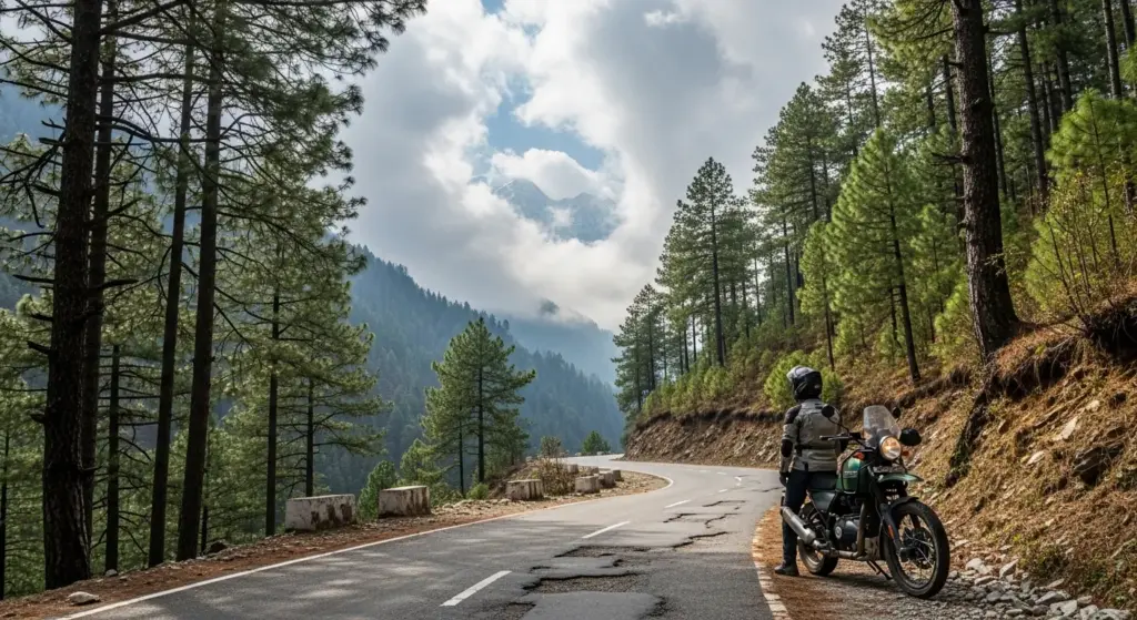 Himalayan road with bike, pine forest around, clouds and winding road
