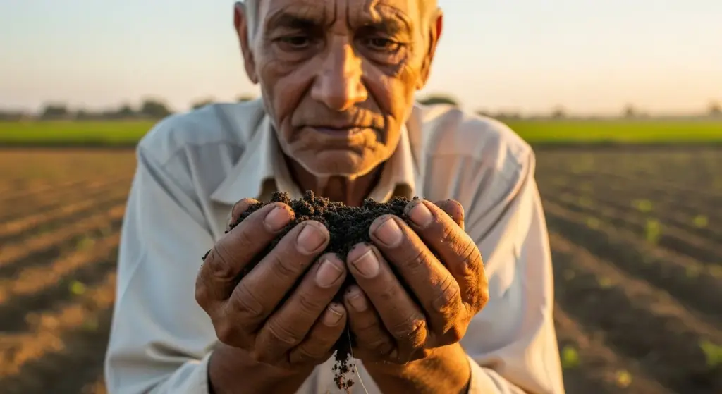 Indian farmer holding soil in hand under sunlight.