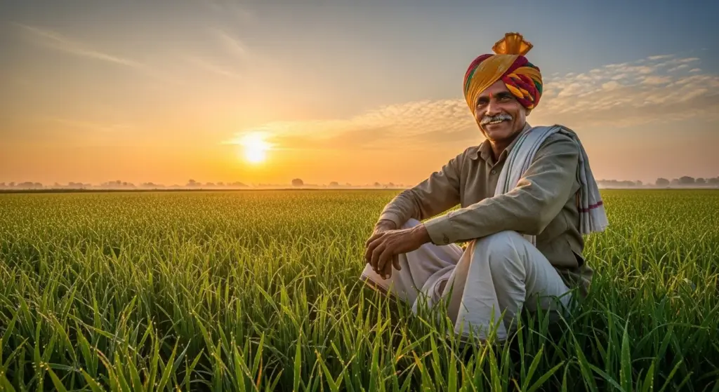 Indian farmer sitting in field at sunrise with crops and smile.