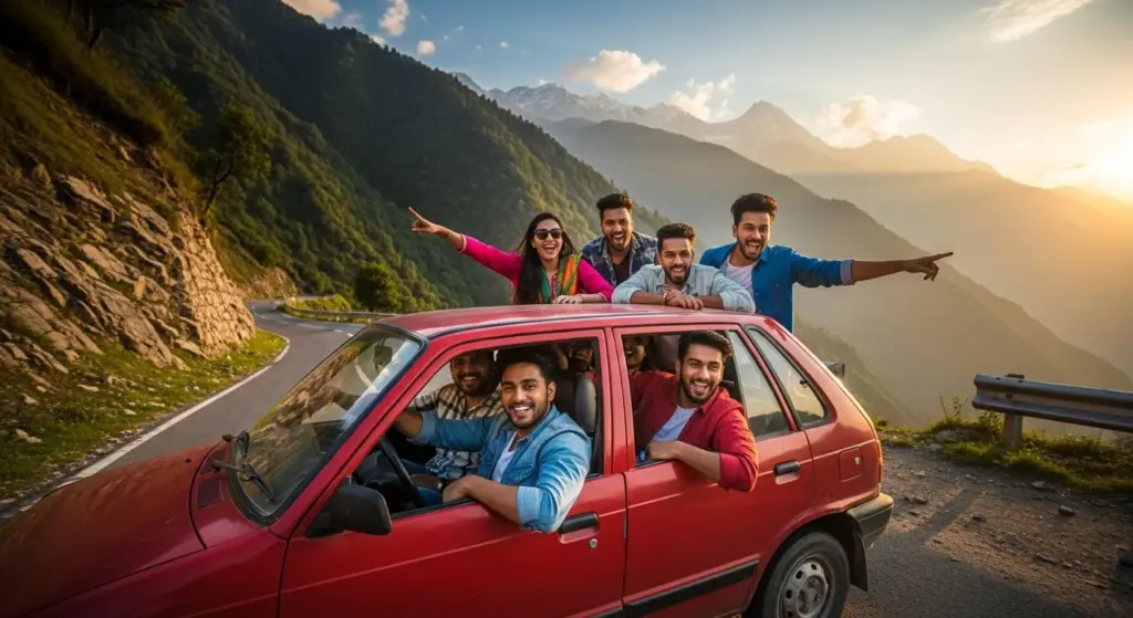 Indian friends sitting in a car on a scenic hill road smiling at sunset