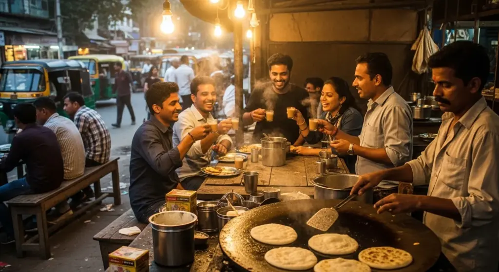 Indian roadside dhaba, steam rising from chai glasses, parathas on tawa, friends laughing and eating