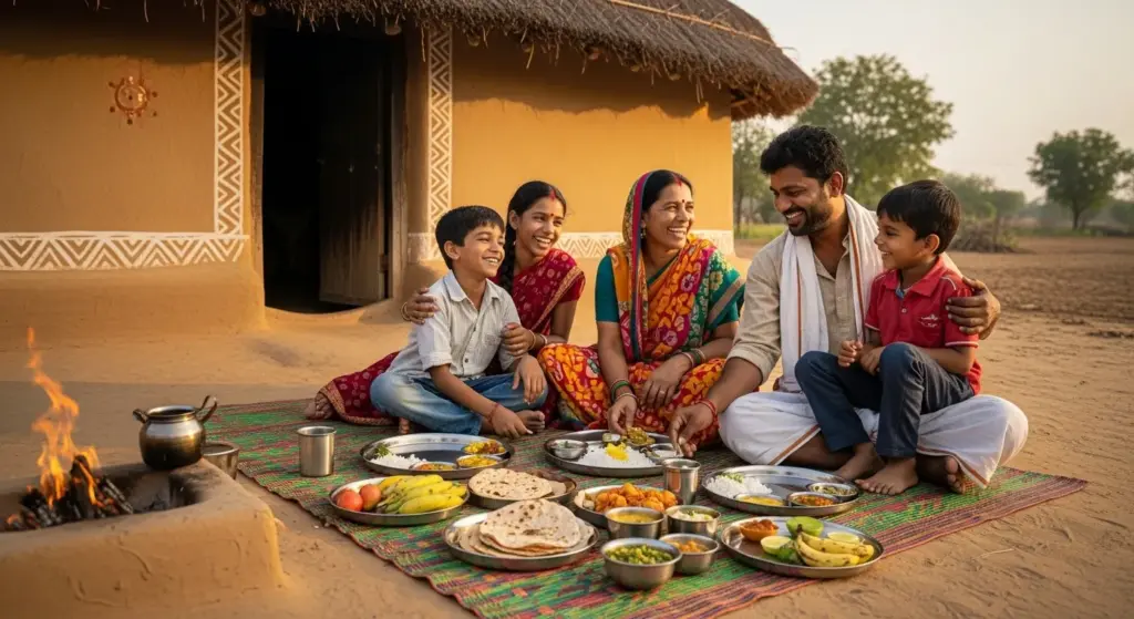 Indian rural family sharing meal outside traditional house