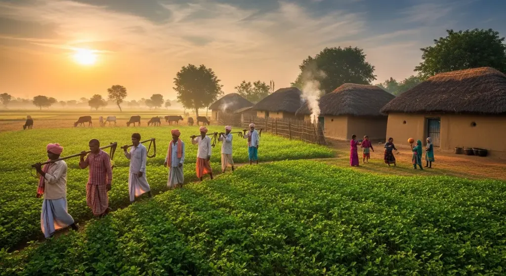 Indian rural life morning scene with farmers and green fields