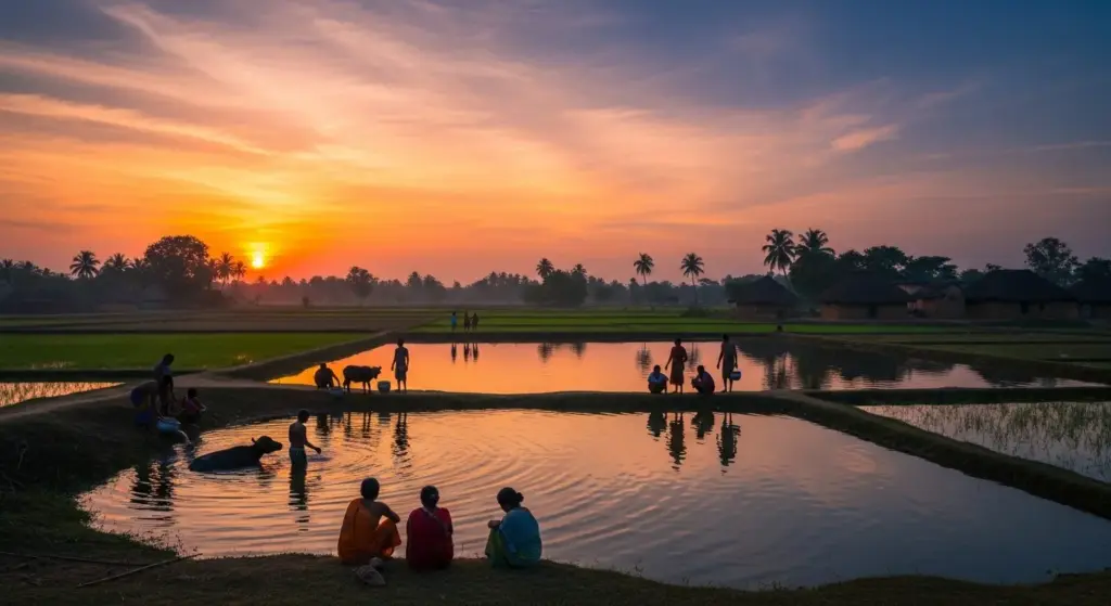 Indian rural pond during sunset