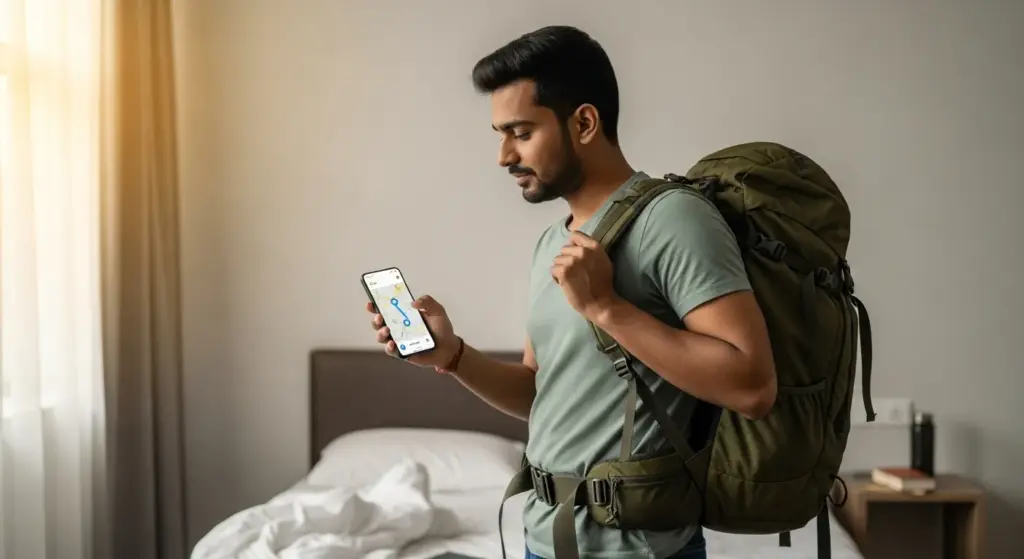 Indian traveler checking route on Google Maps, holding backpack in room before trip