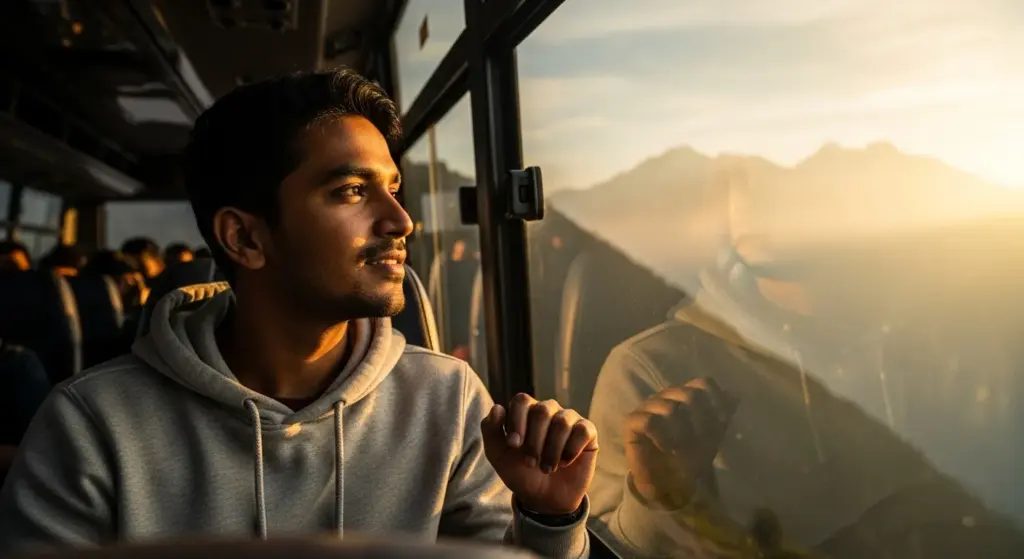 Indian traveler sitting by a bus window enjoying mountain scenery during sunrise