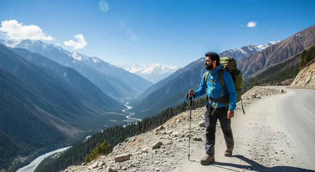 Indian traveler walking on mountain road with backpack under blue sky, valley behind