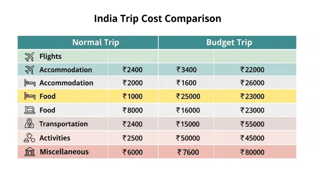 Infographic showing cost comparison between normal trip and budget trip in India