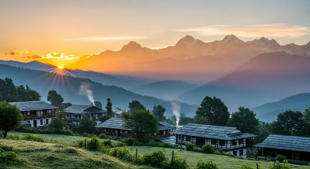 Kausani sunrise over Himalayan snow peaks, warm light, calm village view