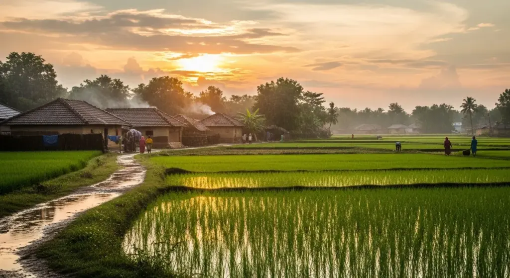 Morning sunlight over wet green fields after rain in Indian village