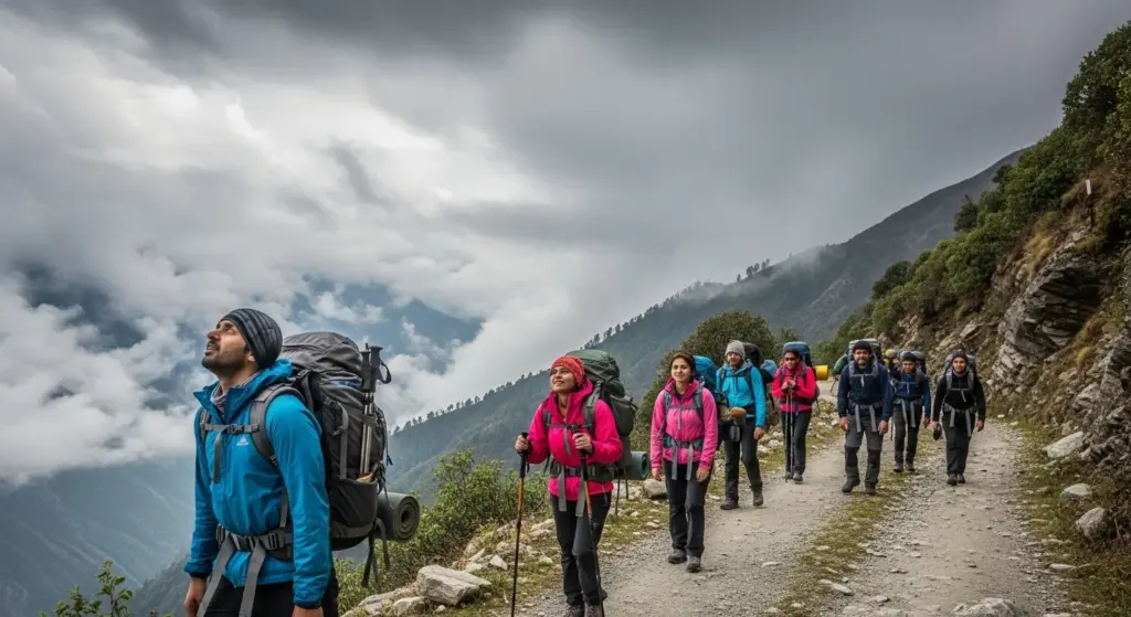 Mountain travel safety tips in India – trekkers walking on a hilly road
