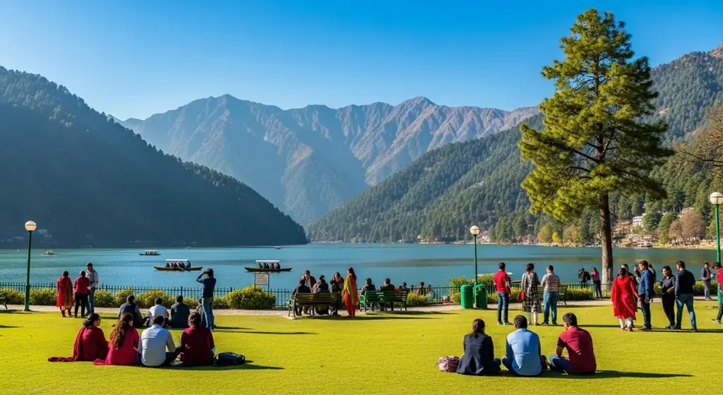 Nainital GB Pant Park with people sitting, green grass, mountains in background