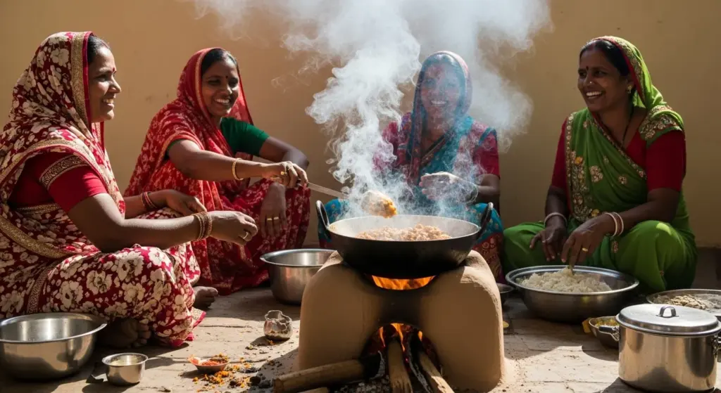Rural Indian women cooking festive dishes on clay stove with sunlight streaming through kitchen window.602Z