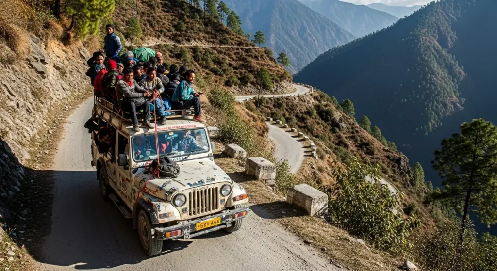 Shared jeep full of local passengers driving on winding mountain road