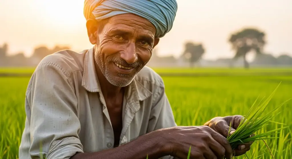 Smiling Indian farmer working in green field close-up
