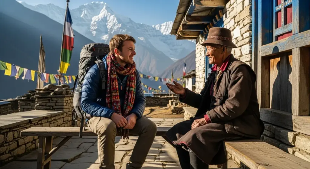 Smiling traveler chatting with an old local villager in the Himalayas