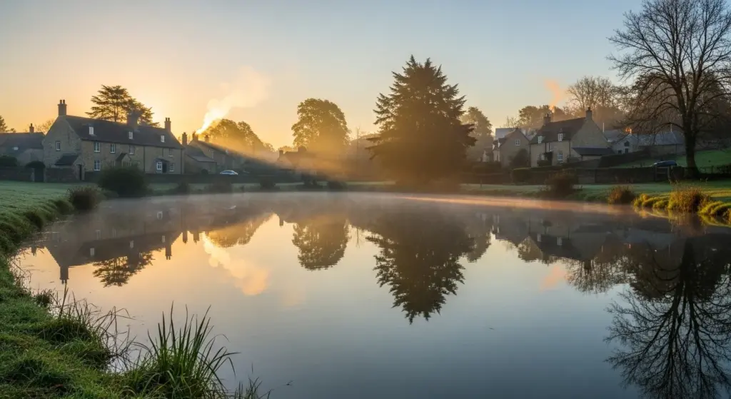 Soft sunrise over a restored village pond