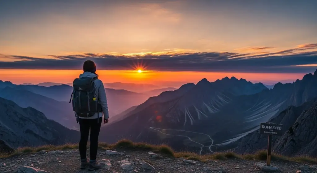 Solo traveler watching sunrise from a mountain viewpoint