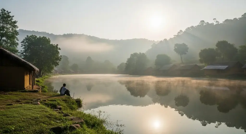 Subah ke time ek Indian gaon ki jheel ke kinare baitha aadmi, hawa me sukoon