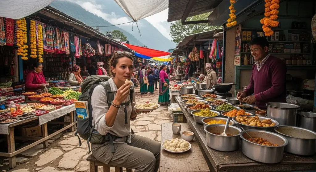 Traveler enjoying local street food at a mountain market in India
