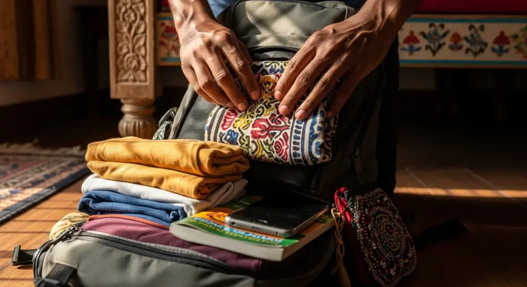 Traveler hurriedly packing bag for unplanned trip in India