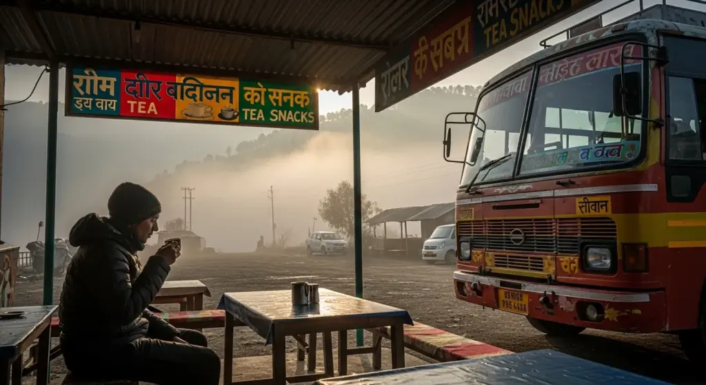 Traveler sipping tea at roadside dhaba in Indian hills, morning mist, parked bus nearby