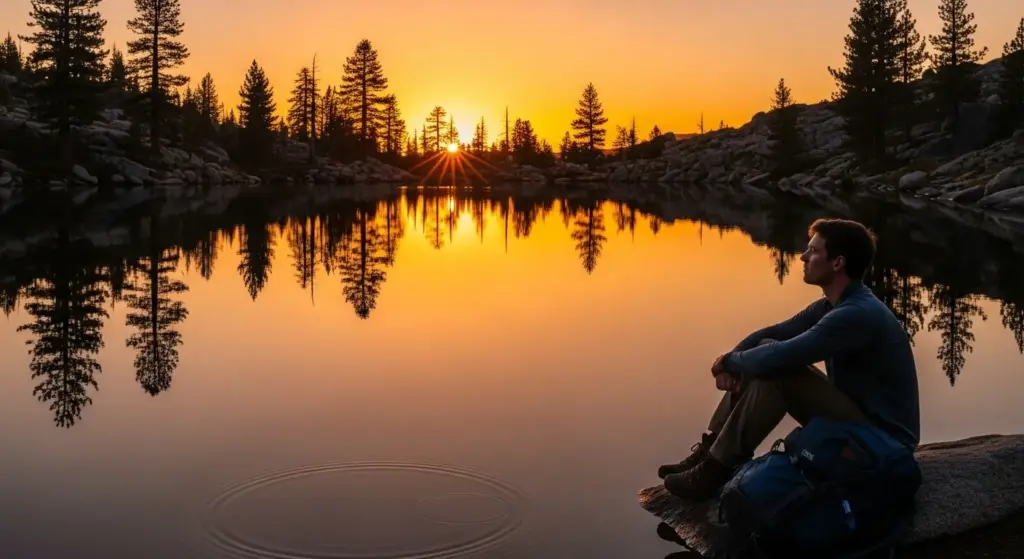 Traveler sitting near lake during sunset, orange sky reflected on water, calm mood