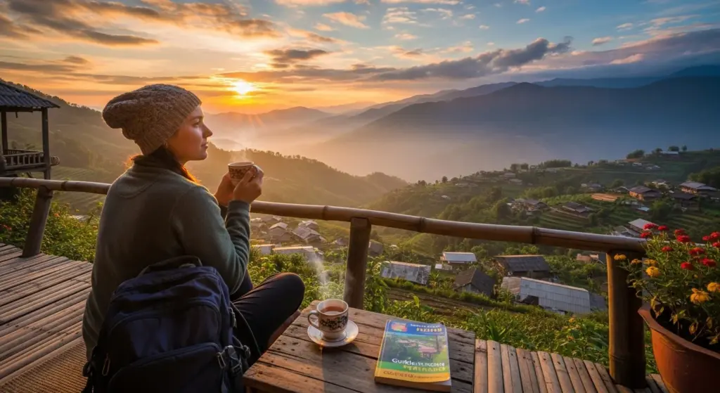 Traveler sitting on homestay terrace watching sunset valley with tea cup