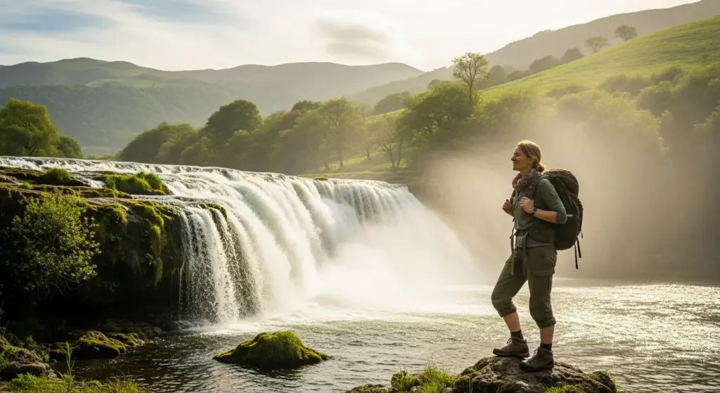 Traveler standing near waterfall surrounded by green hills, soft sunlight, relaxed expression.