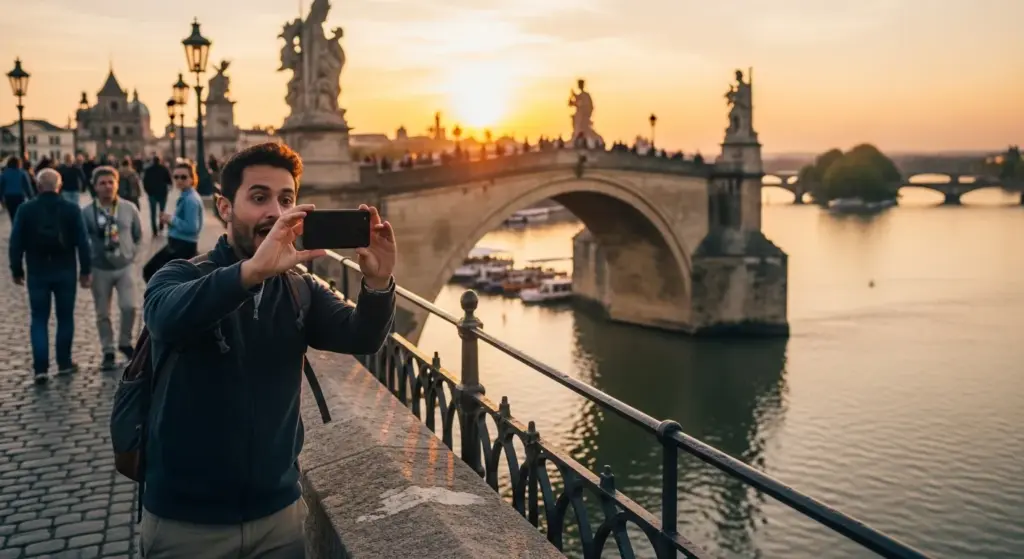Traveler taking candid photo on bridge with sunset in background, warm light and river view