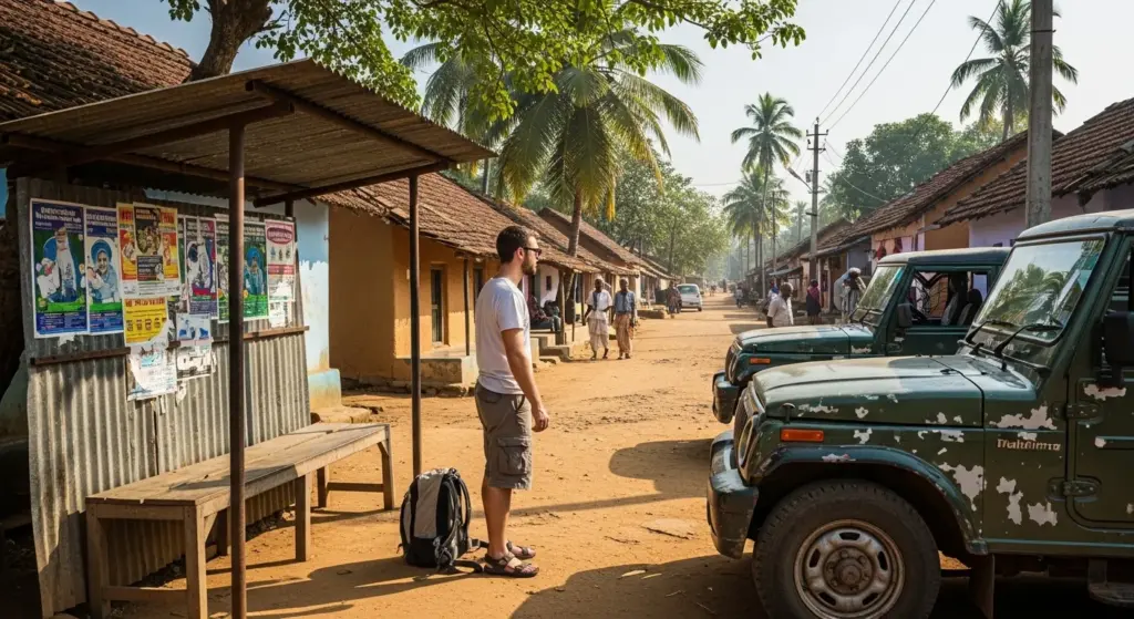 Traveler waiting at rural jeep stand in small Indian village, sunny afternoon