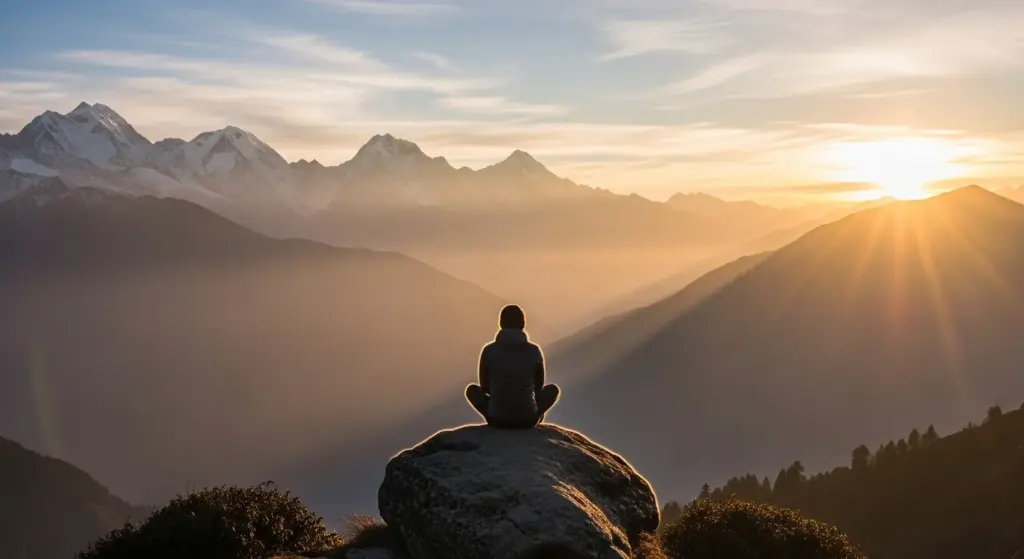 Traveler watching sunrise after spontaneous unplanned trip in Indian hills