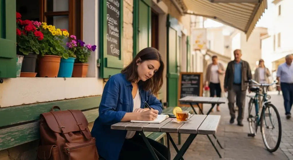 Traveler writing expenses in a notebook while drinking tea at a roadside café